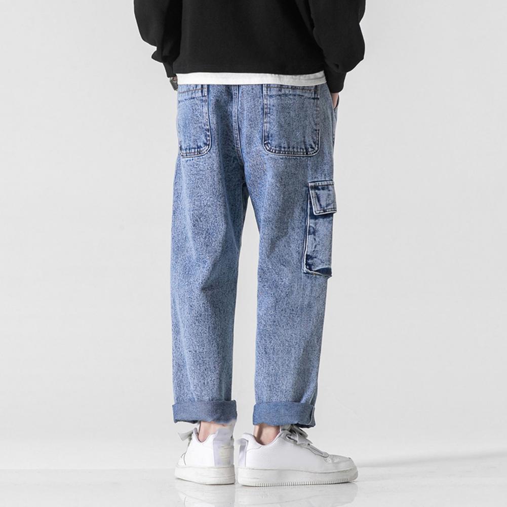 Men Summer Casual Jeans Elastic Drawstring Waist Straight Wide Leg Denim Pants Multi Pockets Design Long Trousers Streetwear