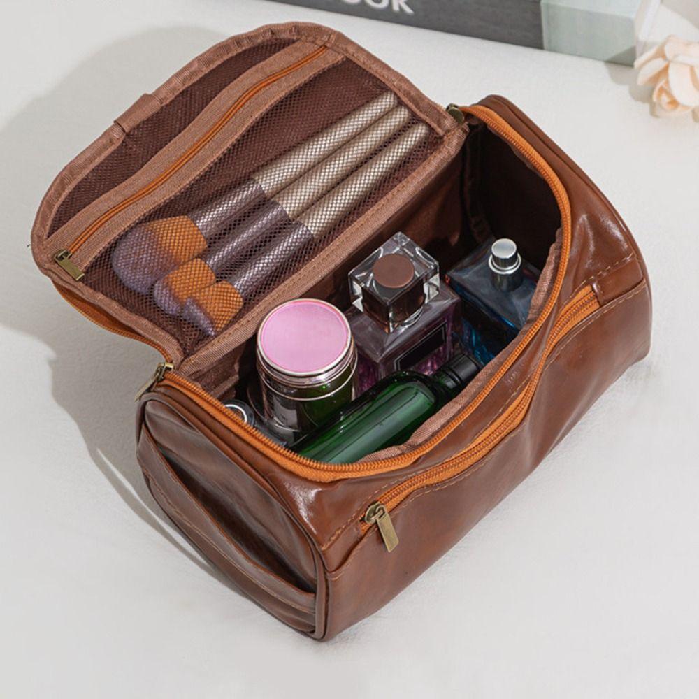 Travel PU Leather Men Toiletry Bag Zipped Waterproof Cosmetic Bag Vintage Luxury Large Capacity Wash Organizer Business