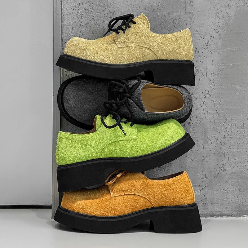 Design sense niche British style casual leather shoes 92332 long hair apple green, lemon yellow, yellow, gray -J