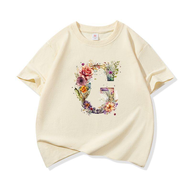Kids Cotton T Shirt Floral Letter G Print Crew Neck Short Sleeve Tee Casual Boys Girls Summer Tops
