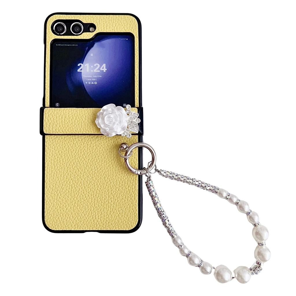 Applicable To Samsung ZFlip5 Mobile Phone Case, Lychee Pattern Zflip4 Bracelet, Camellia Back Cover Case, Protective Case Zflip3.