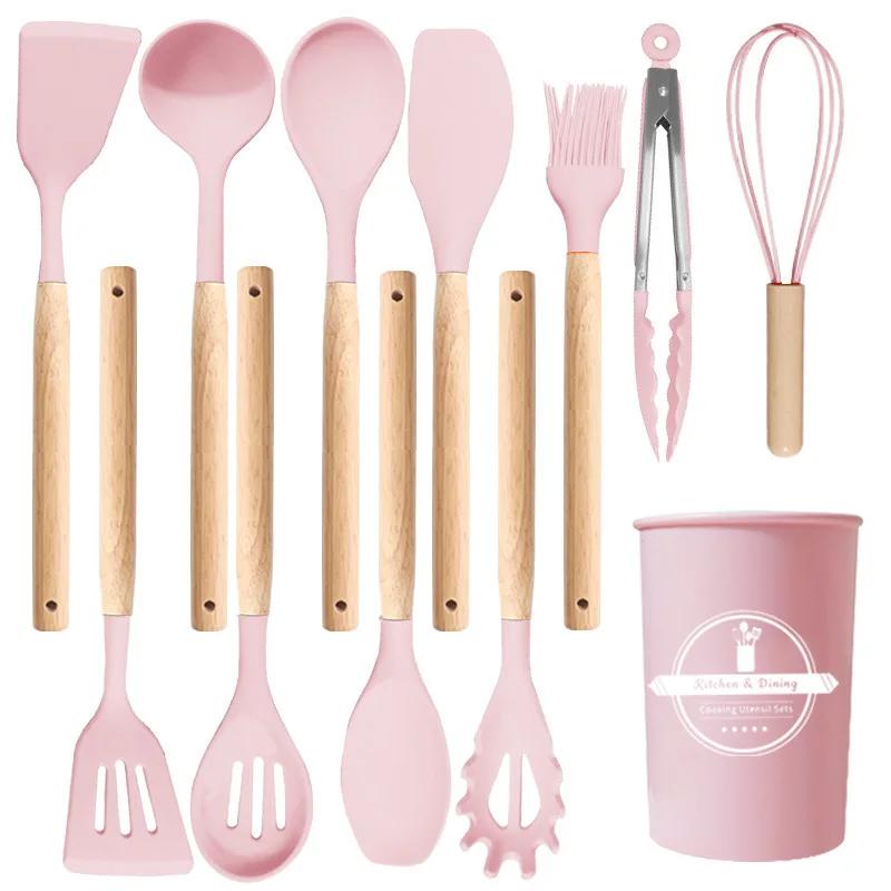 12Pcs Silicone Utensils Set Non-Stick Cookware Spatula Shovel Egg Beaters Wooden Handle Kitchenware Home Kitchen Cooking Tools