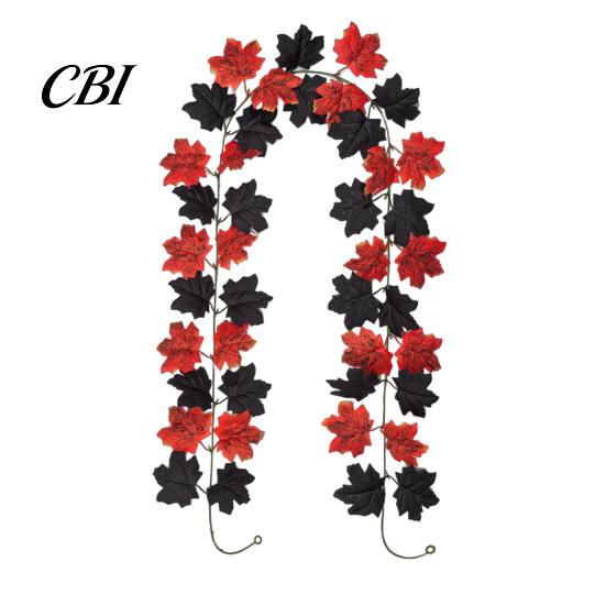 Rattan Branch Decor Artificial Maple Leaf Garland, Autumn Faux Vine, Black & Red Fall And Garland Leaves Hanging Vine for Fireplace Front Door
