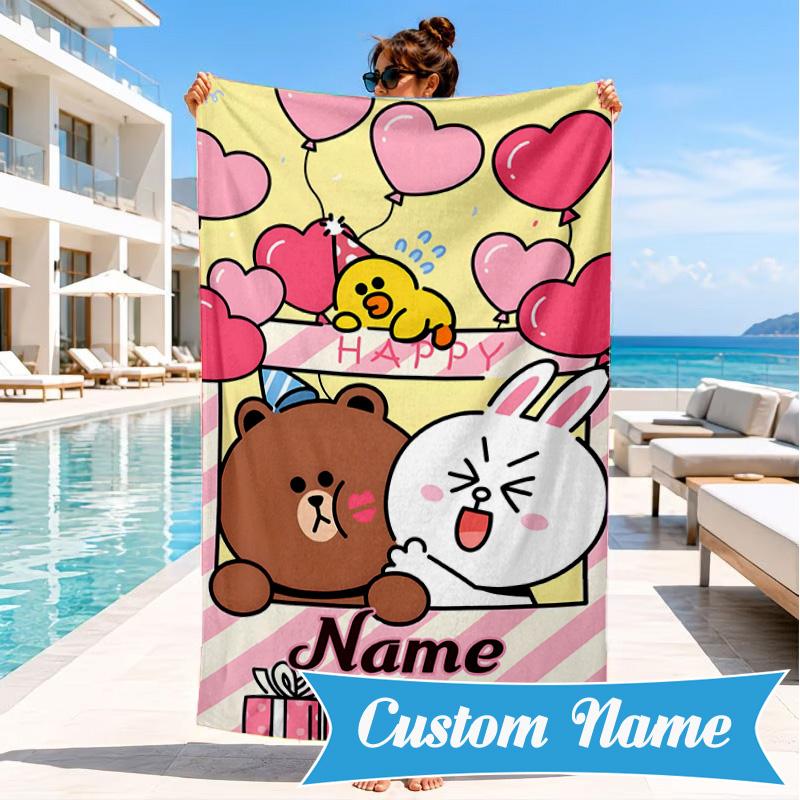 Custom Name Cute Cartoon Brown Bear Beach Towel Microfiber Beach Towel, Lightweight and Quick-Dry, for Summer Travel, Swimming Pool Gift