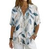 Women Turn Down Collar Button Up Retro Floral Print Imitation Cotton Linen Loose Fit Short Sleeve T Shirt Top for Daily Wear