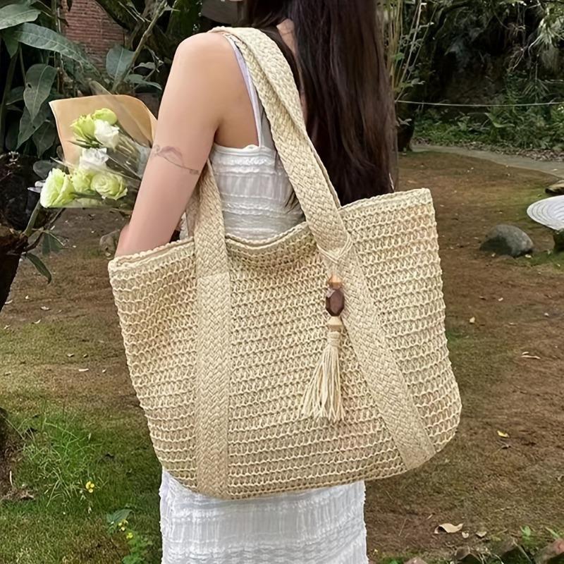 Simple woven straw bag solid color woven bag large capacity shoulder tote bag seaside vacation beach bag women