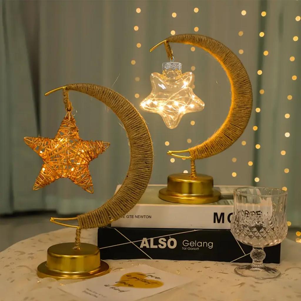 1pc LED Ironwork Rope Star Moon Lamp Bedroom Decorative Light Suitable For Holiday Home Ramadan Dining Table Eid Festival Decor