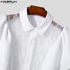 INCERUN Men Lapel Ruffled Long Sleeve Lace T-shirts Casual Patchwork Tops