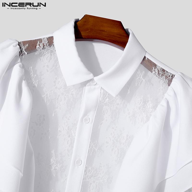 INCERUN Pánská trička s dlouhým rukávem a volánkem, krajkovým potiskem, ležérní patchworkové topy