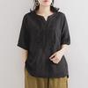 Summer 2024 Women's Solid Color Short-Sleeve Loose Retro V-Neck Cotton Linen Shirt