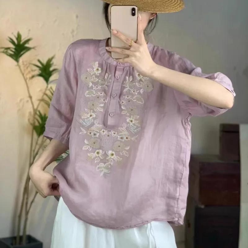 Johnature Women Vintage Embroidery Floral Shirts Half Sleeve O-Neck Tops Button Solid Color Blouses Summer Shirts
