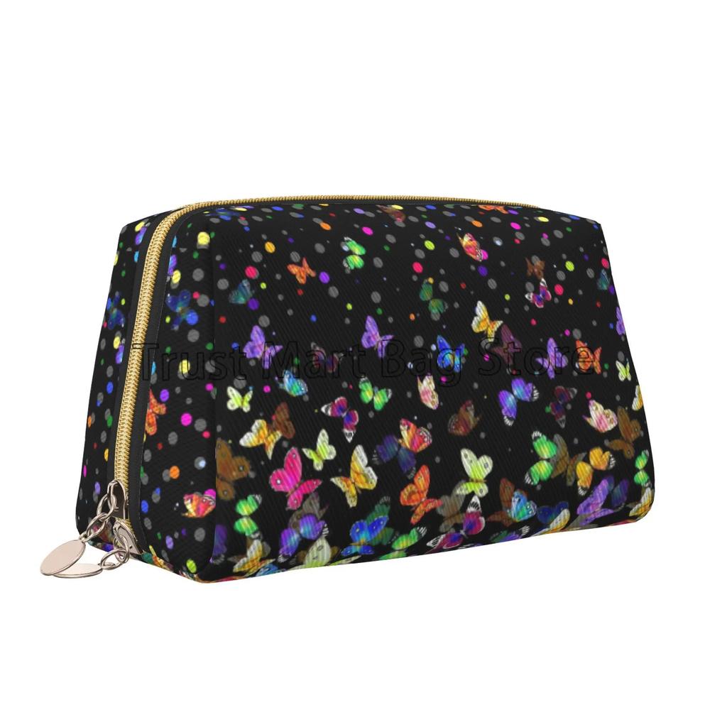 White Floral with Colorful Butterflies Print Leather Makeup Bag Large Capacity Travel Storage Pouch Cosmetic Bag for Women
