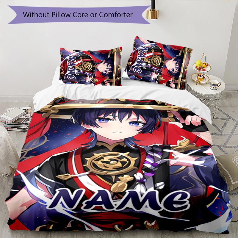 3pcs Genshin Impact4 Cover Set - Personalized Name, HD Printed Bedding with 1 Cover and 2 Pillowcases - Perfect for Home Decor, Easy Care