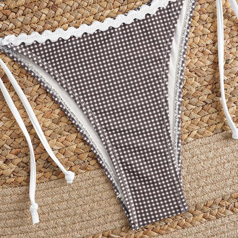 Women's Halter Gingham & Polka Dot Bikini Set Tie-Front Two Piece Swimsuit Pure & Sexy Hot Spring Resort Wear Lace Up Suits