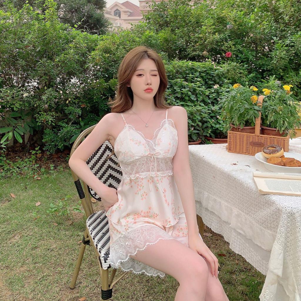 Suspender Pajamas Women's Summer Ice Ribbon Chest Pad Printing Fashion Can Be Worn Outside Pure Desire Style Suit Loungewear