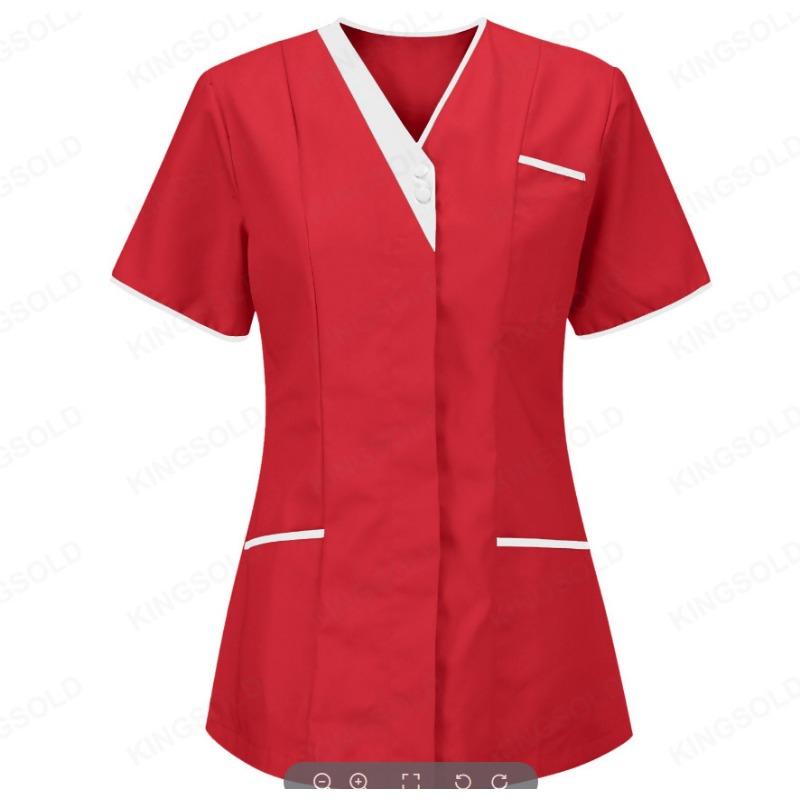 Women Solid Color Short-Sleeve V-neck Top Nurse Work Uniform Pocket Top