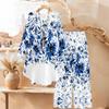 Floral Print Print Two Piece Outfit Women Long Sleeve Irregular Hem Tunic Top Wide Leg Pants Casual Matching Set