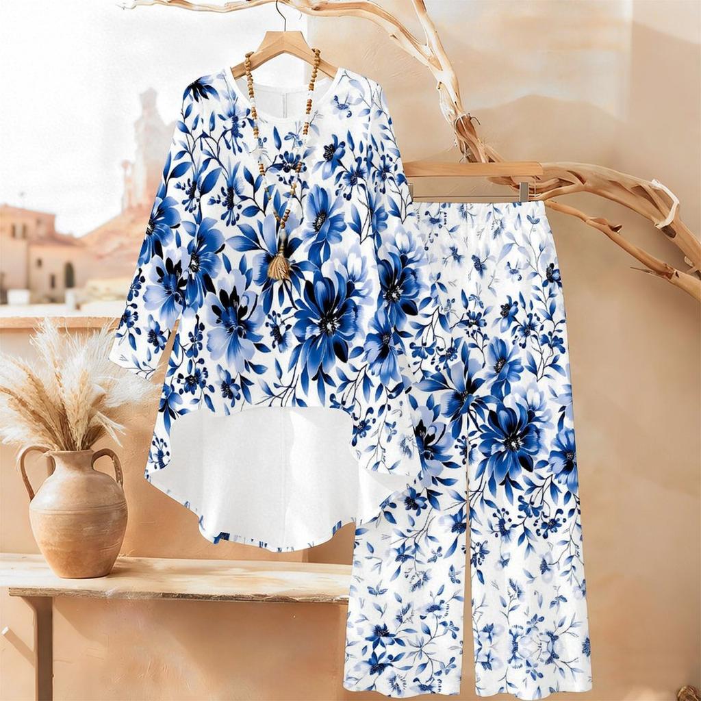 Floral Print Print Two Piece Outfit Women Long Sleeve Irregular Hem Tunic Top Wide Leg Pants Casual Matching Set
