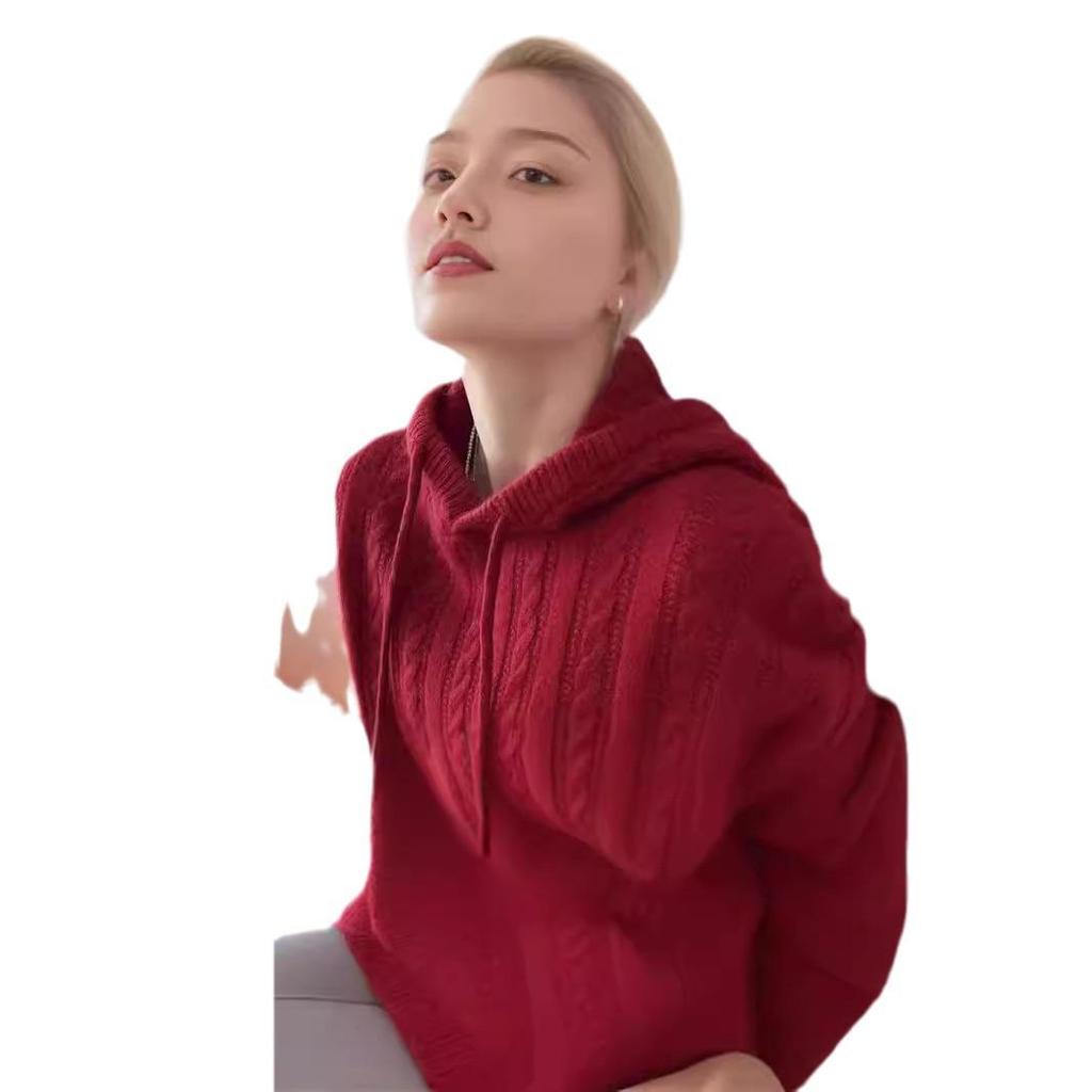 Women's Hooded Pure Wool Cable Knit Sweater - Loose Slimming Fit, Solid Color, Ideal for Autumn/Winter