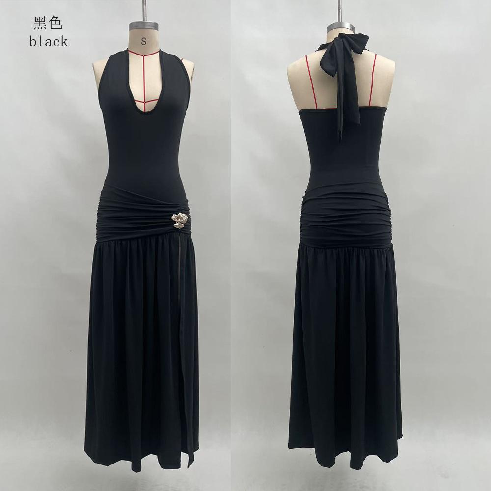 European and American women's clothing 2025 summer new neck halter slim fit solid color split dress sexy dress