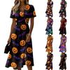 Women's V-Neck Short Sleeve Casual Dress with Halloween Print for Party and Daily Wear