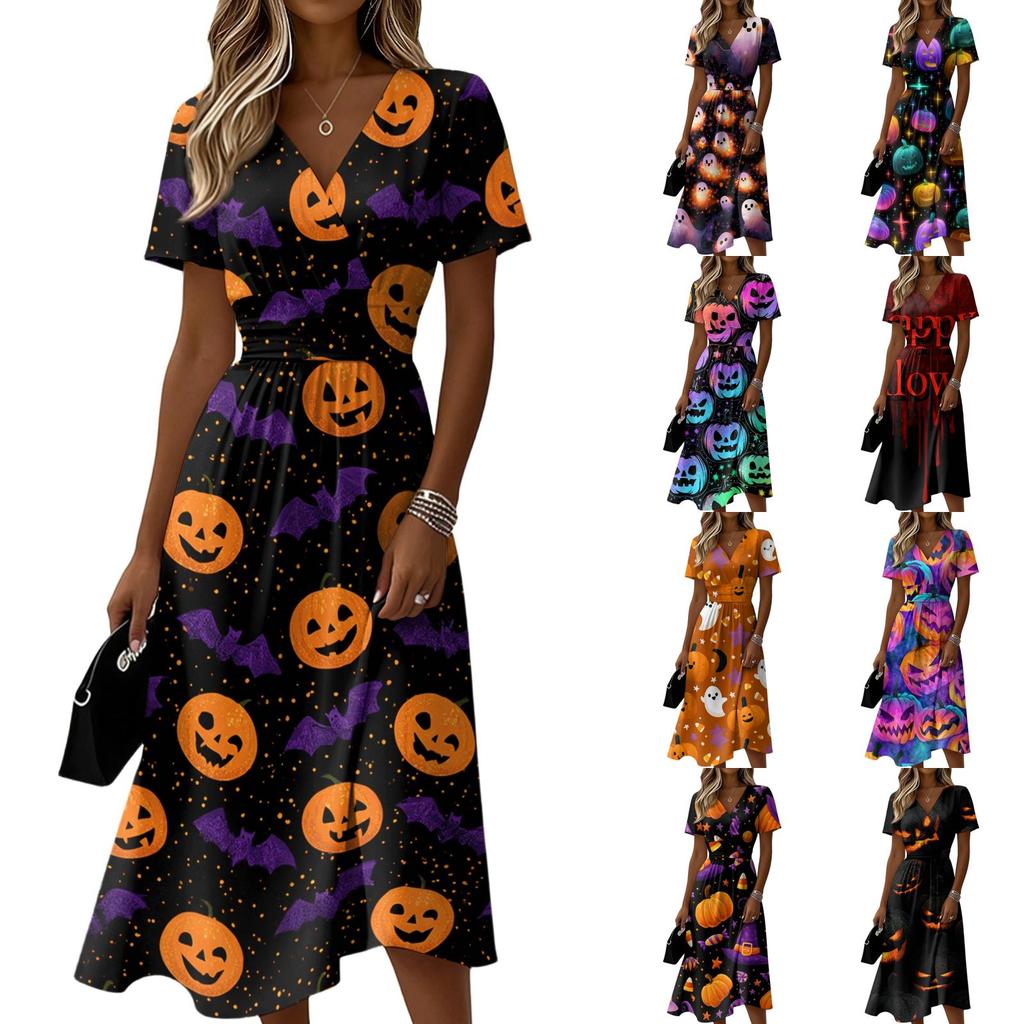 Women's V-Neck Short Sleeve Casual Dress with Halloween Print for Party and Daily Wear