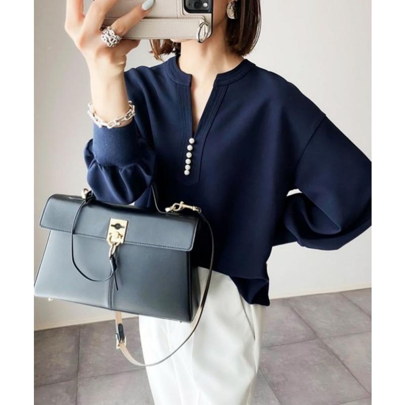 

Лето Осень Японская мода свободная V-образный вырез длинный рукав блузка однотонный цвет гвоздь бисер топ для женщин футболка one size тёмно-синий