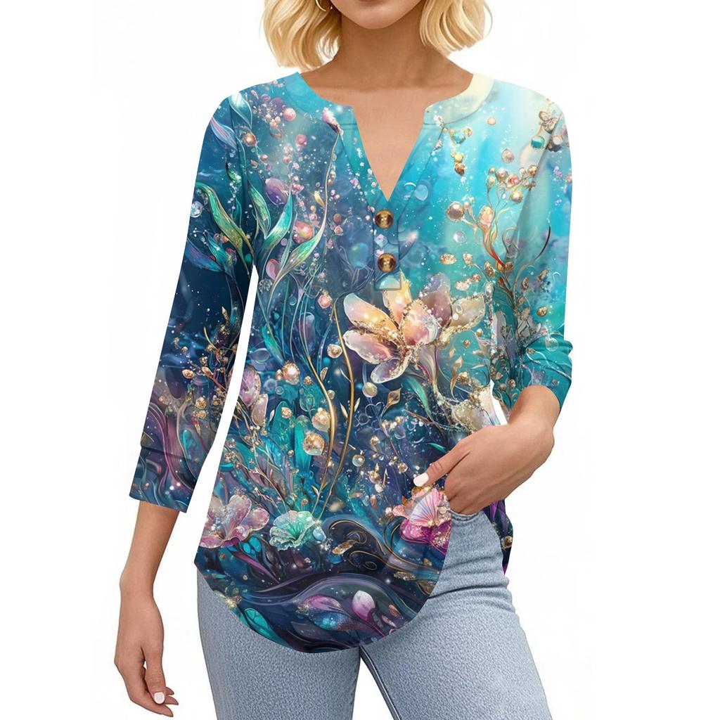 Damen T-Shirt mit Aufdruck, Knopfleiste, 3/4-Ärmel, für den Alltag, Wochenendmode, Basic, V-Ausschnitt, normales Oberteil