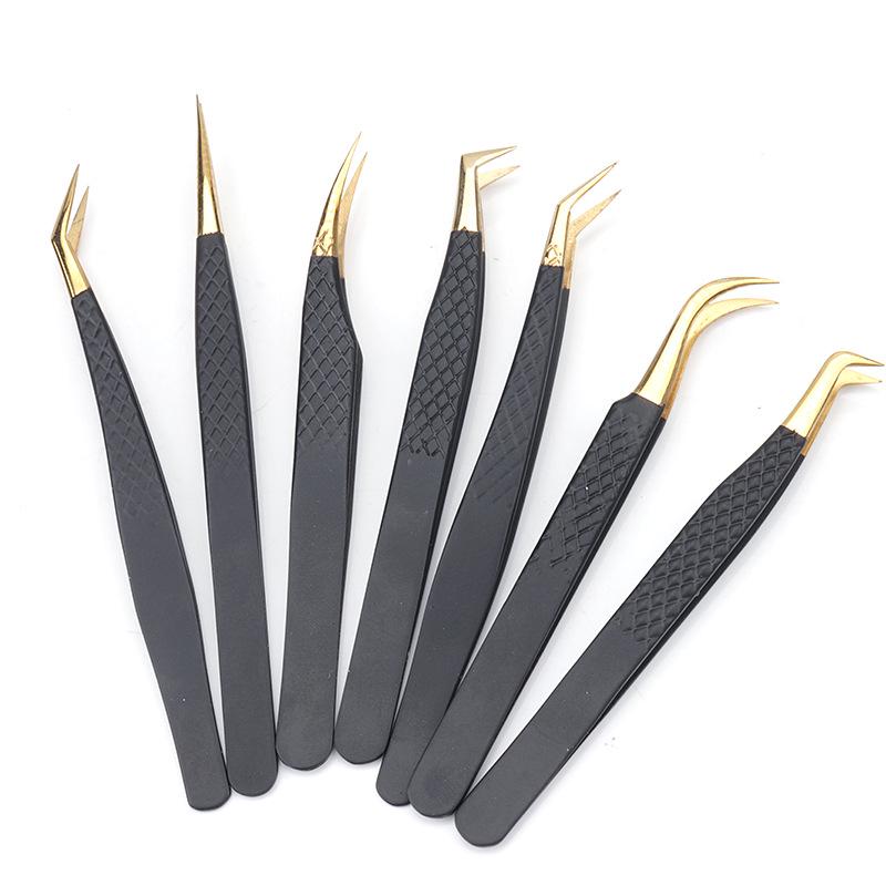 High-Precision Black Gold Eyelash Tweezers - Stainless Steel for Grafting and Extension