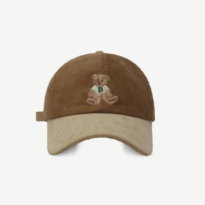 Cute Autumn and Winter Corduroy Bear Embroidered Baseball Cap for Women  Color Blocked Retro Baseball Cap for Men  Big Head Circumference for Slimming