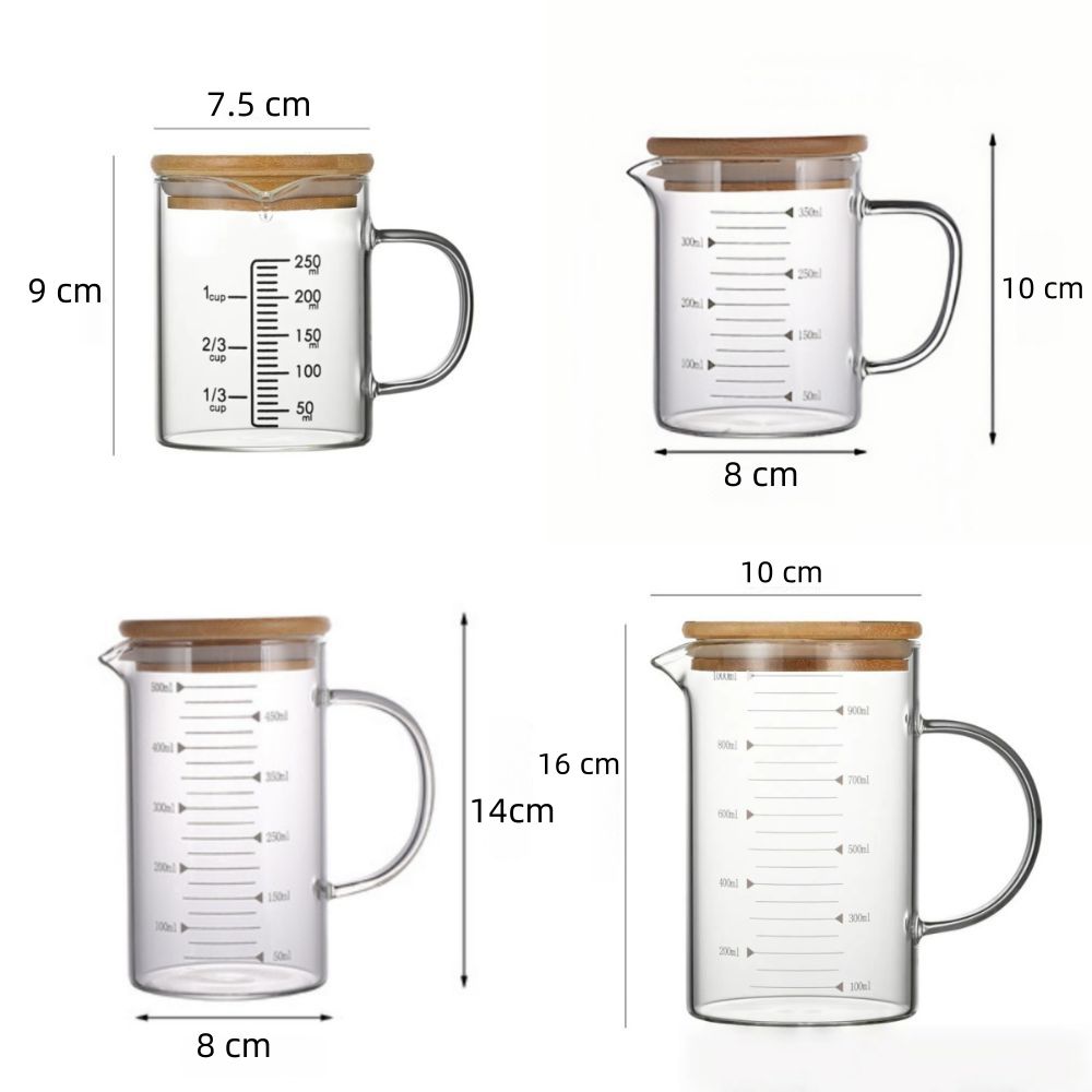 Glass Measuring Cups 250-1000ml Wooden Lid Kitchen Measuring Mug with Scale Microwave Safe Laboratory Beaker