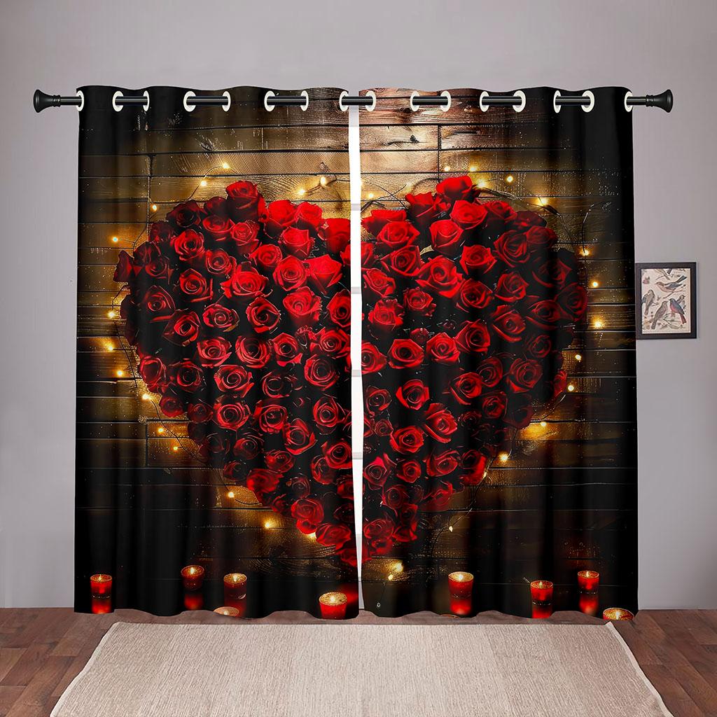 2-delt rose kjærlighet hjerte gardin valentinsdag tema rød romantisk blomster gull stjernelys stue soverom vindusdekor