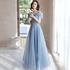 Elegante Vestido de Noche Azul de Tul Hombros Descubiertos, Vestido Largo Formal con Lazo y Pedrería para Mujer, Ideal para Bodas, Banquetes y Fiestas de Graduación