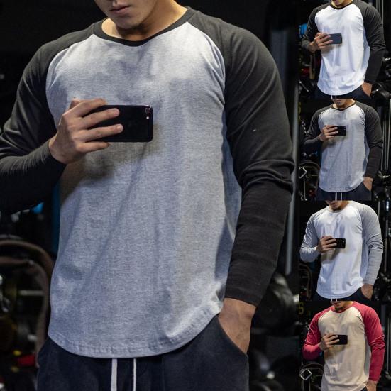 Men Shirt Contrast Colors Breathable Round Neck Soft Spring Top for Jogging
