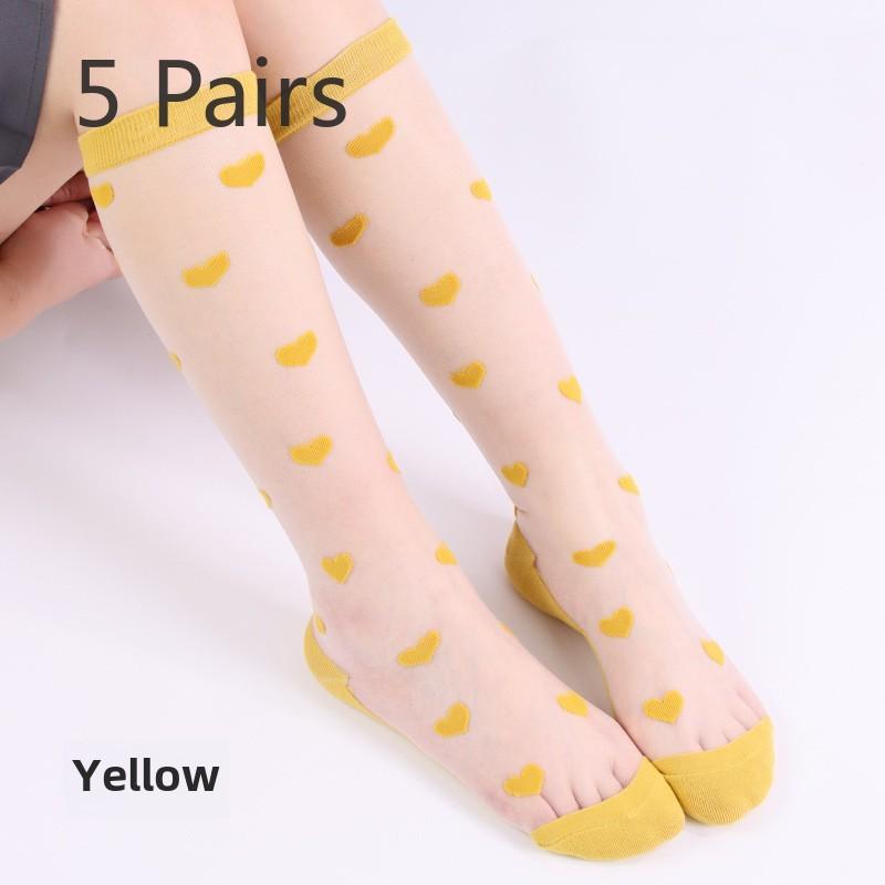 5 Pairs Women's Spring and Summer Stockings In The Tube Love Jacquard Transparent Stockings Glass Silk Stockings for Women