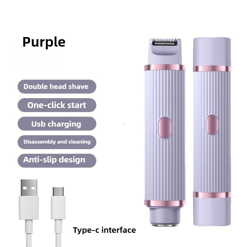 Электробритва для женщин Водонепроницаемая бритва для влажной и сухой стрижки 2 в 1 Двойная головка Триммер для волос в зоне бикини Съемная головка бритвы фиолетовый
