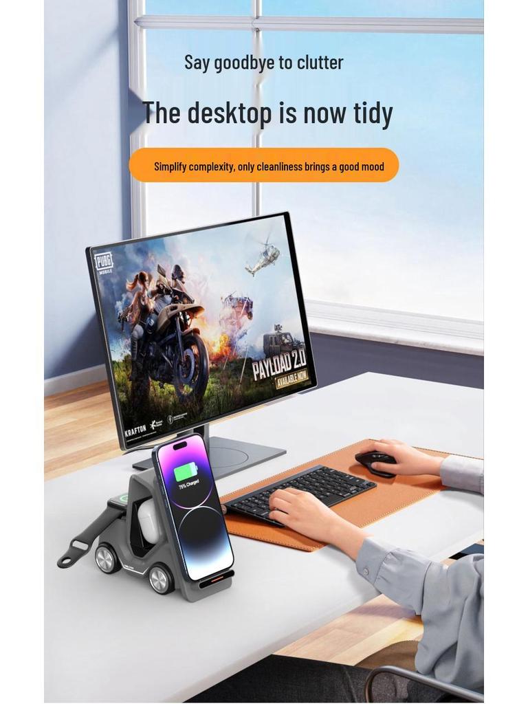 Compact Car Desktop Wireless Charger with Fast Charging Forklift for Apple 15 Watch & Phone Holder