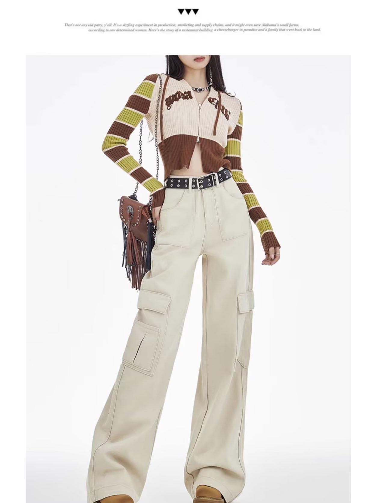 

Unisex Grey High-Waisted Wide-Leg Cargo Pants - Spring/Autumn 2023, Slimming, Extra Long, Floor-Length Jeans XL бежевый
