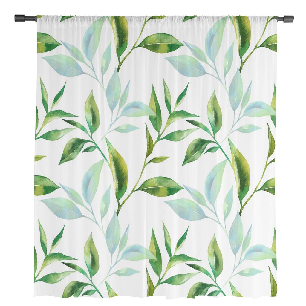 Plant Green Leaf Chiffon Sheer Curtains for Living Room Bedroom Home Decoration Window Voile Tulle Curtain Drapes