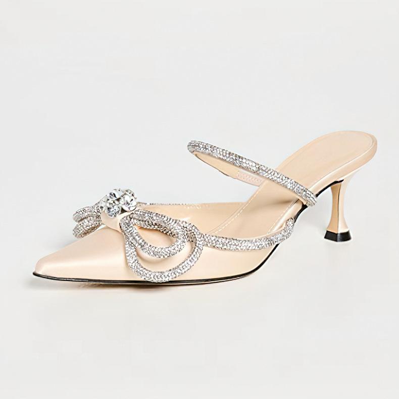 European and American Black Bow Rhinestone High Heels Slippers Pointed Head Bag Head One Pedal Sandals Fashion Wear European and American Style