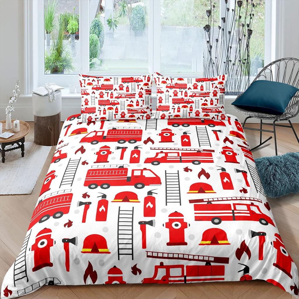 Firefighter Car Duvet Cover SetFire Truck Bedding Set King Honeycomb And Fire Comforter Cover Fire Engine Vehicle Quilt Cover