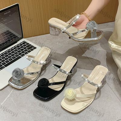 Fashion Women's Chunky Heels 2025 Summer New Fashion Floral Rhinestone Shoes Comfortable Slippers Elegant Medium Heel Slingbacks Sandals