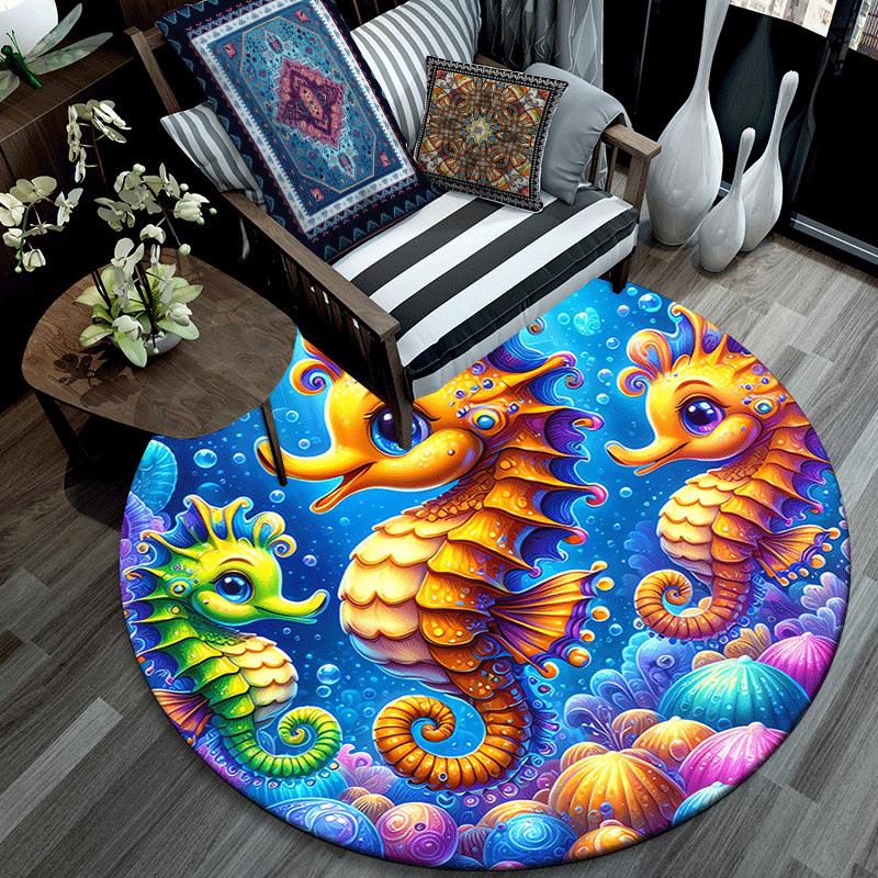 1pc Soft, Absorbent & Non Slip Cute seahorse Round Rug Soft Circle Rug for Living Room & Bedroom Decor, Chair Mats, and Unforgettable Home G