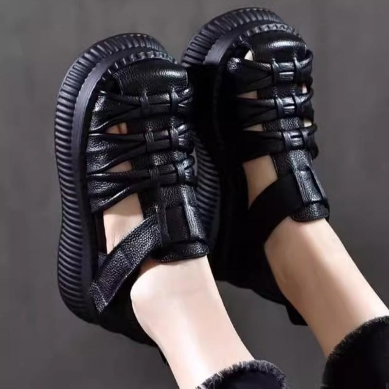 Women's Personalized New Women's Sandals with Thick Sole and Raised Sponge Sole, European and American Style Comfortable Large Leather Roman Shoes