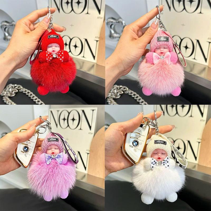 Cute Fluffy Plush Sleepy Doll Keychain For Women Bag Car Key Chain Kawaii Key Ring On Bag Car Trinket Pendant Gift
