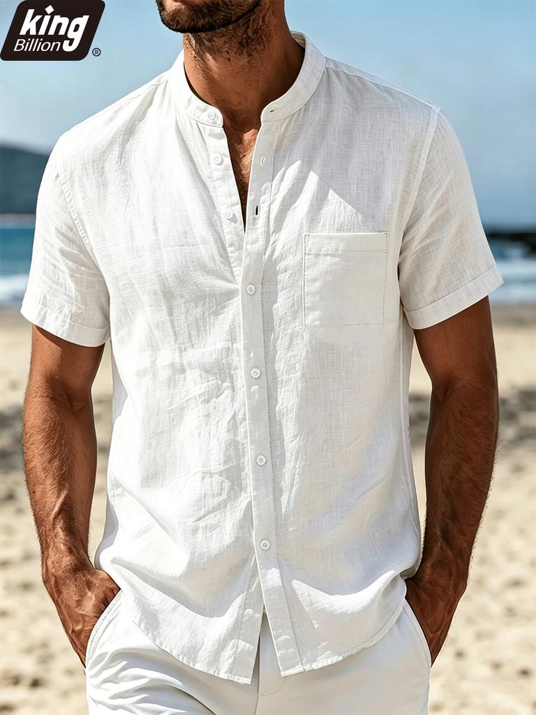 Camisa Masculina de Linho Branco com Manga Curta, Gola Mandarim, Botões Frontais, Bolso no Peito, Corte Solto, Respirável, Casual, Top para Férias na Praia