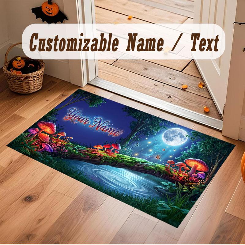 Mushroom Forest Theme Crystal Velvet Floor Rug Personalized Custom Name Text Warm Carpet Home Decoration