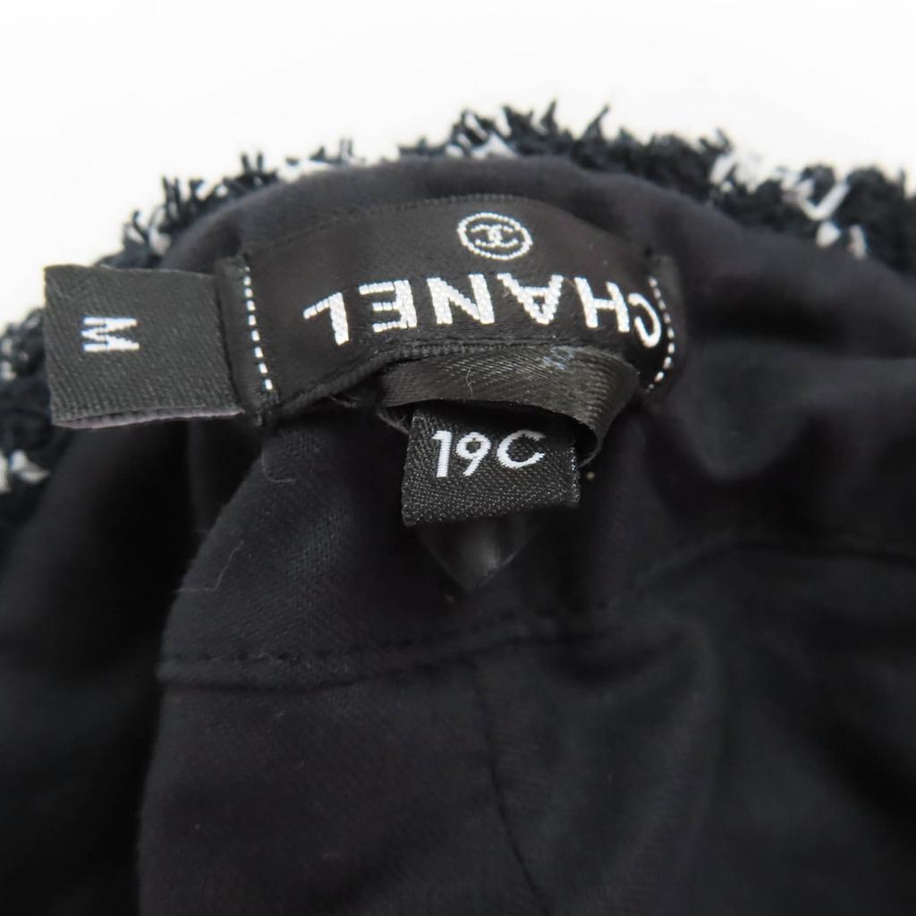 Great CHANEL beret COCO Mark lattice pattern tweed black cotton Women M 19C Used