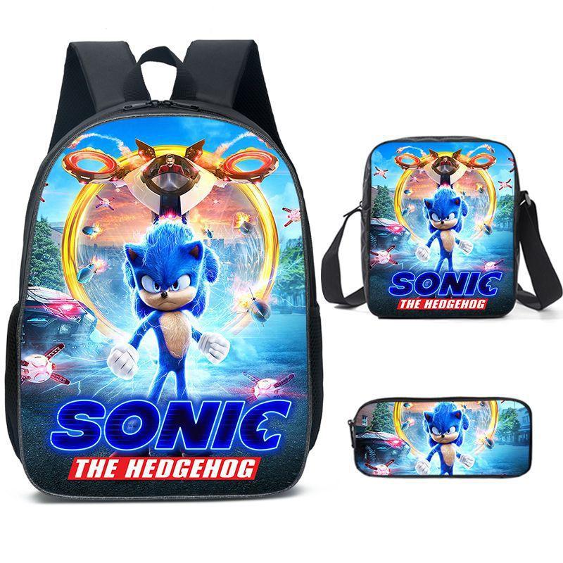 Sonic Backpack, Primary And Secondary School Students Schoolbag, Messenger Bag, Pencil Bag Three-Piece Set