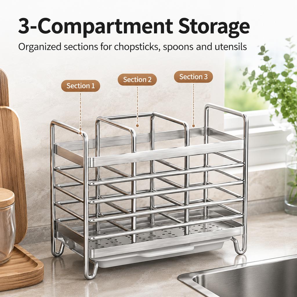 1pc Stainless Steel Chopstick Holder Kitchen Cutlery Organizer Drain Rack Spoon Fork Storage Basket for Home